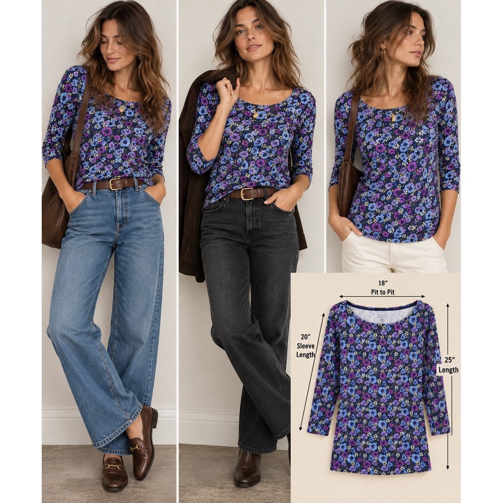 Talbots Floral 3/4 Sleeve Top Large Blue Purple 90s Retro Botanical Cottagecore